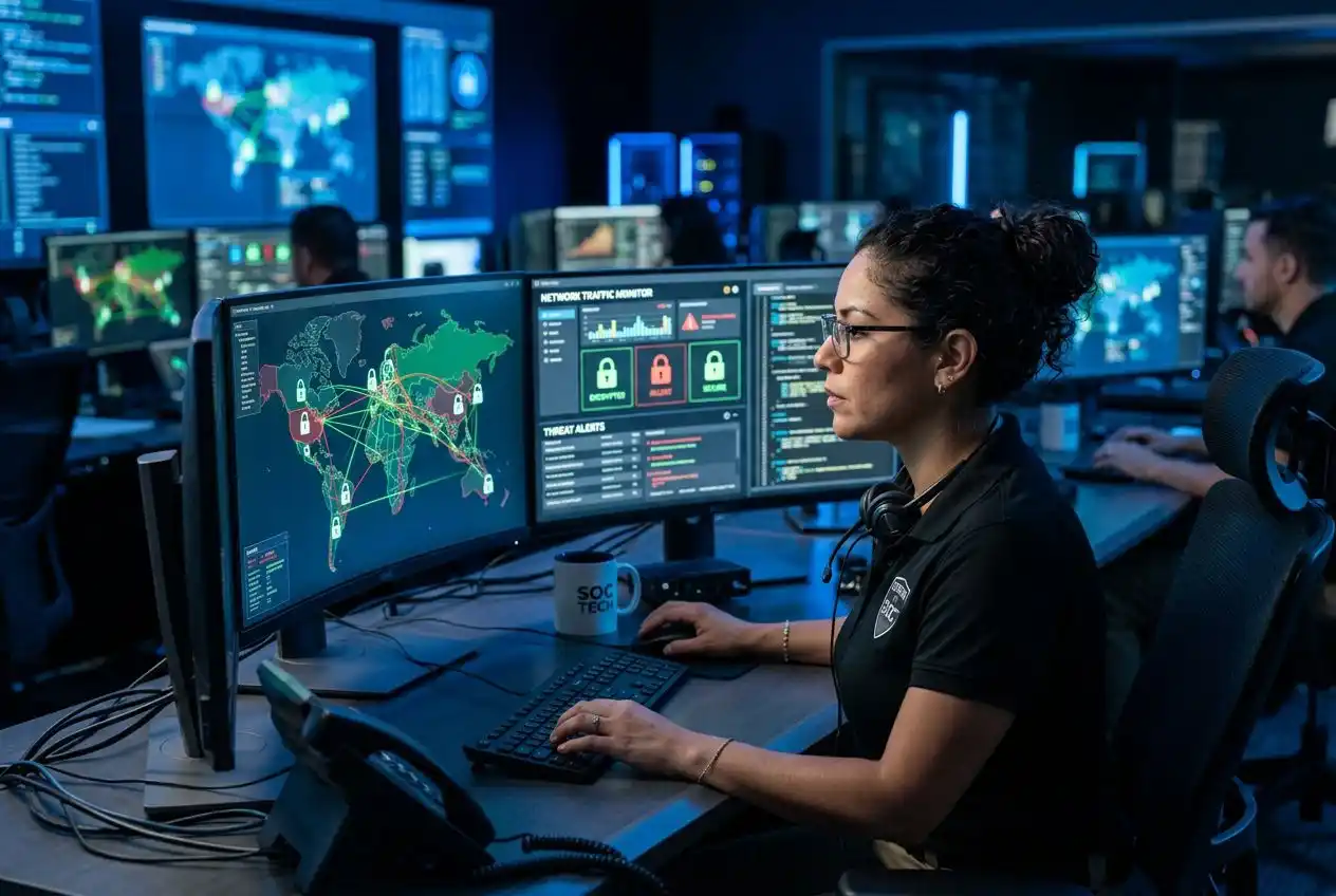 Student studying cybersecurity and network defense online at AGTU